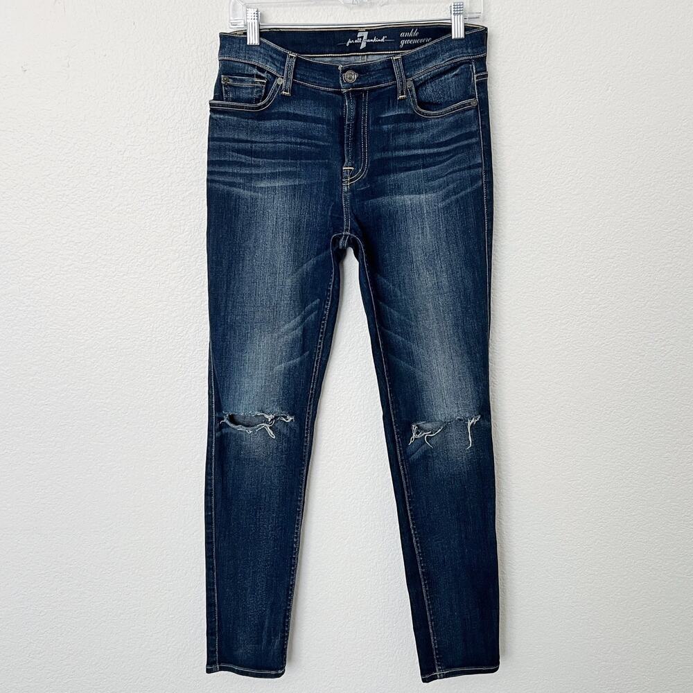 [7 For All Mankind] Gwenevere Dark Wash Mid Rise Ripped Knee Skinny Jeans Sz 29